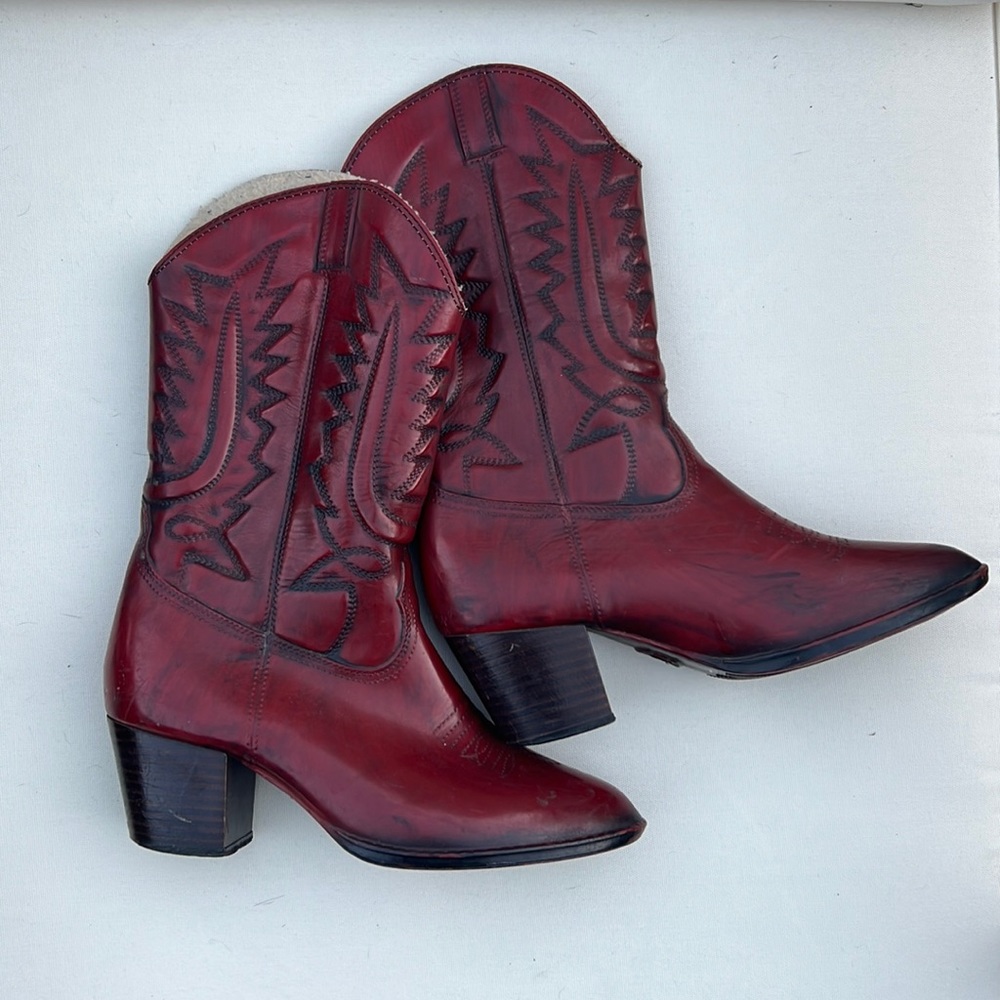 Women's Red Leather Heeled Western Boots